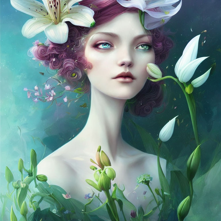 Surreal portrait of a woman with green eyes and white flowers in serene floral setting