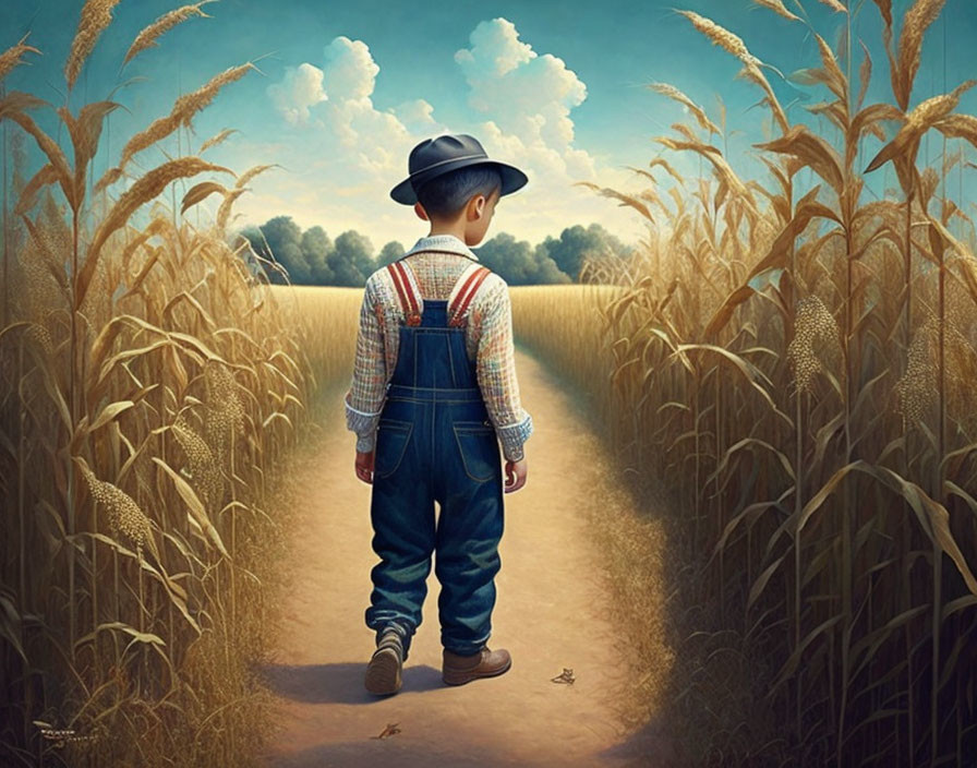 Young boy in hat and overalls walking through golden wheat field