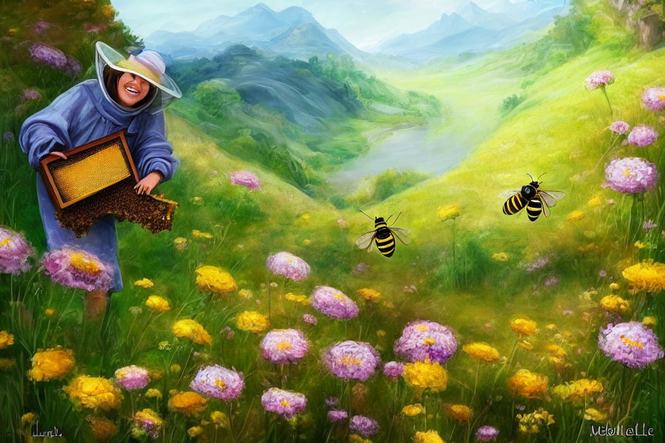 Smiling person with honeycomb in flower field with bees and mountains