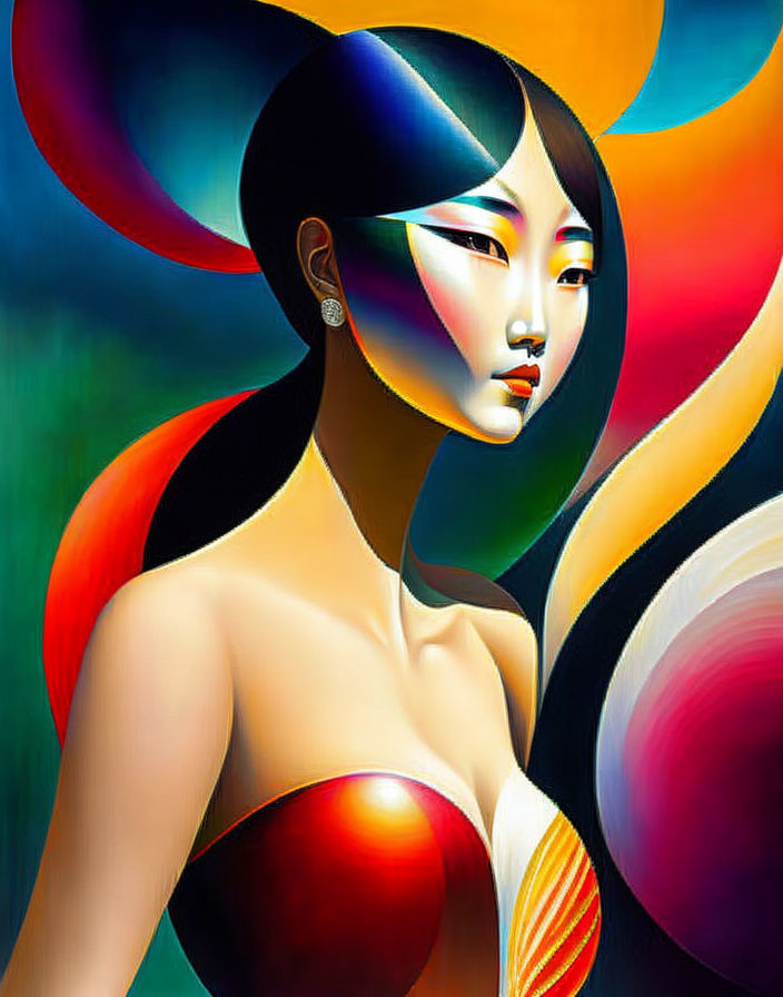 Vibrant digital artwork of stylized woman with colorful patterns