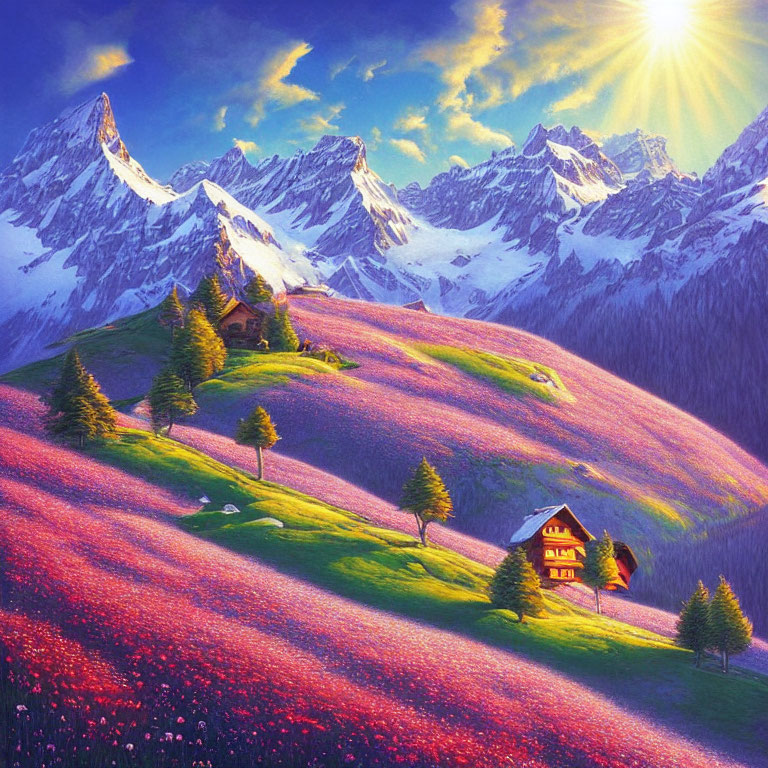 Colorful Alpine Meadow Scene with Flowers, Cabin, and Snowy Peaks