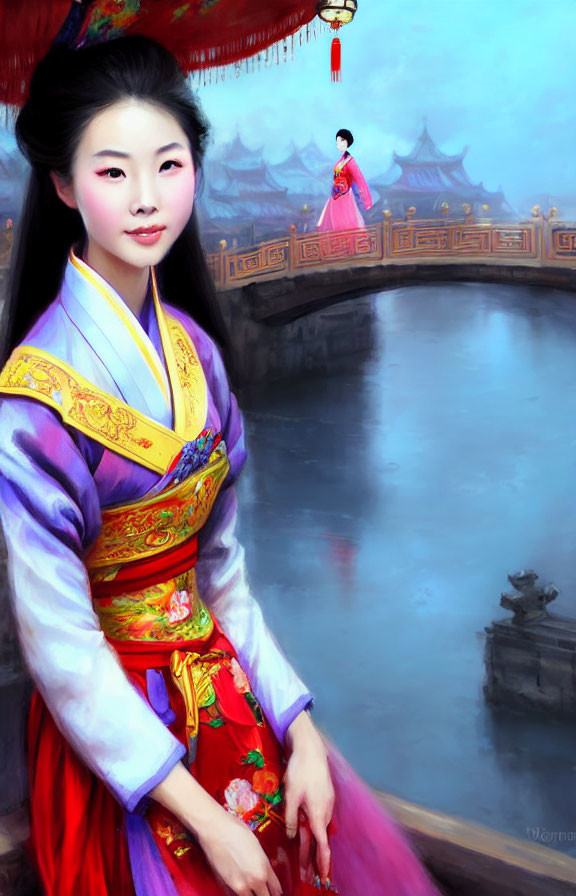 Traditional Asian Attire Woman Standing Near Bridge