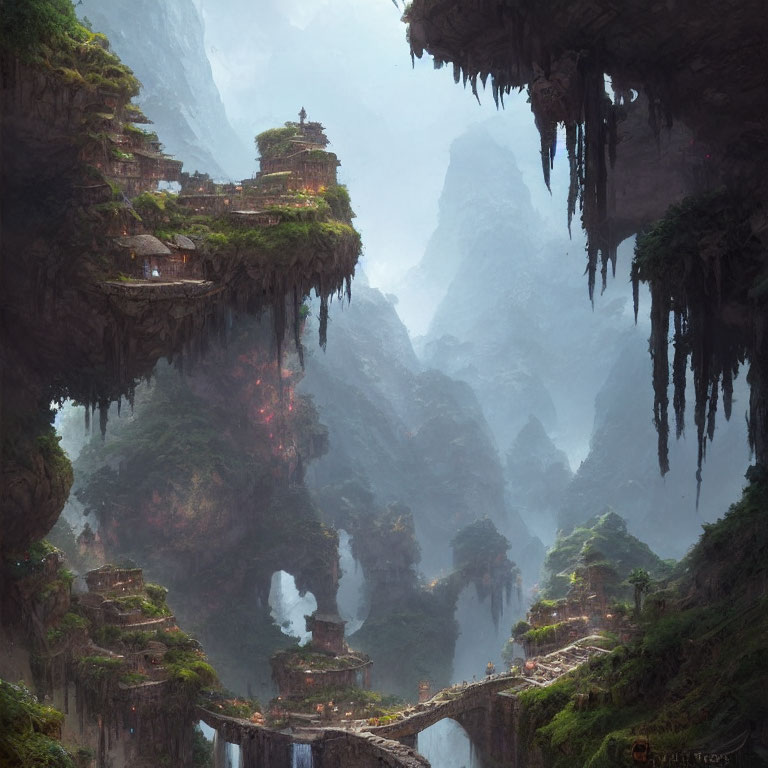 Ethereal landscape with ancient ruins, waterfall, misty mountains