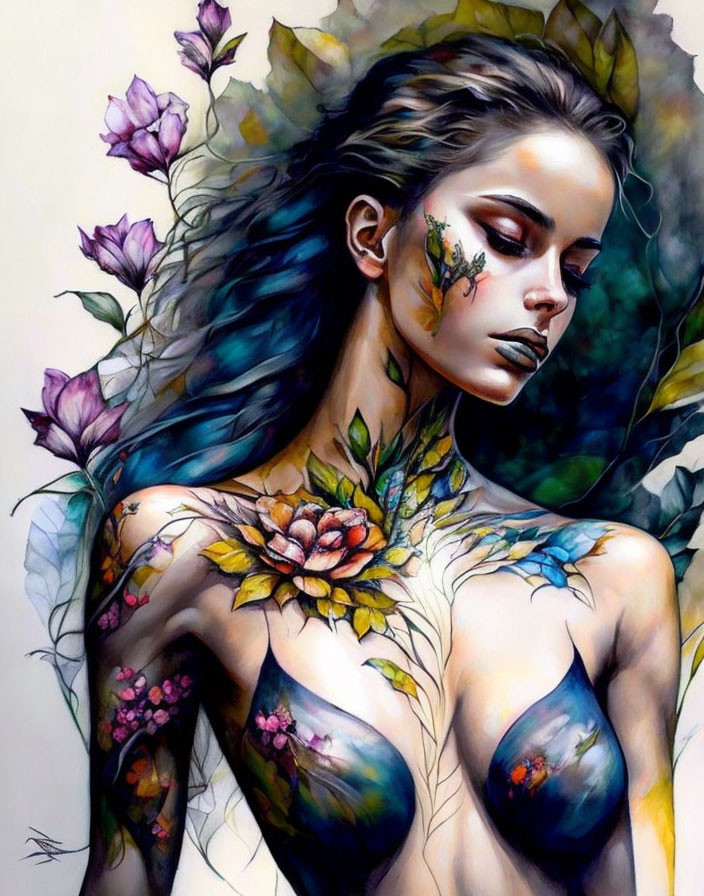 Colorful botanical body art on serene woman.