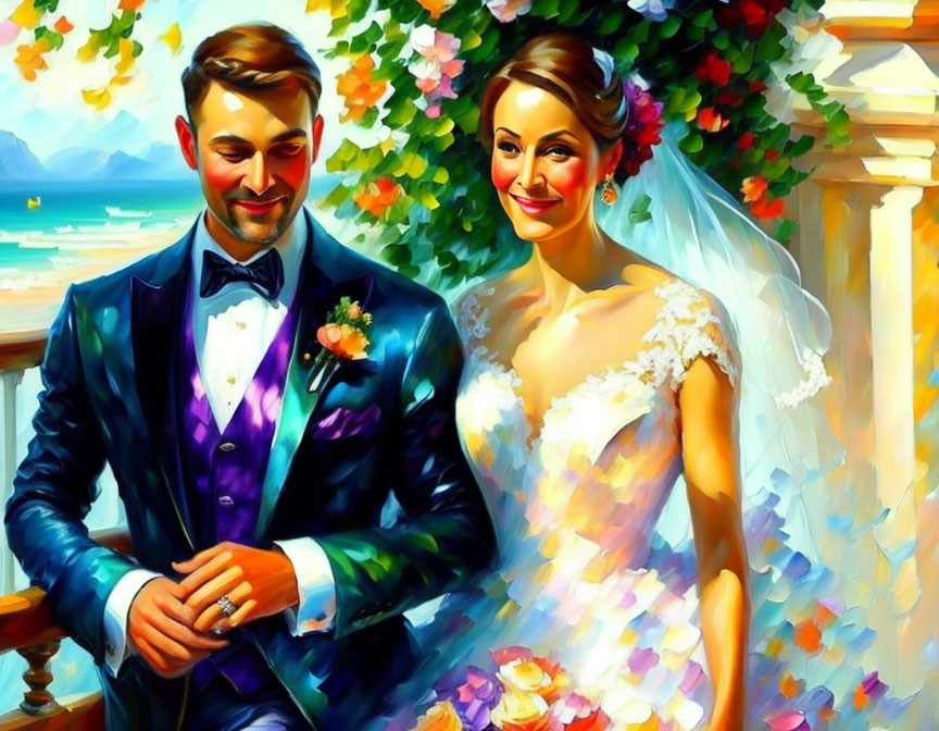 Wedding couple holding hands with ocean view and flowers