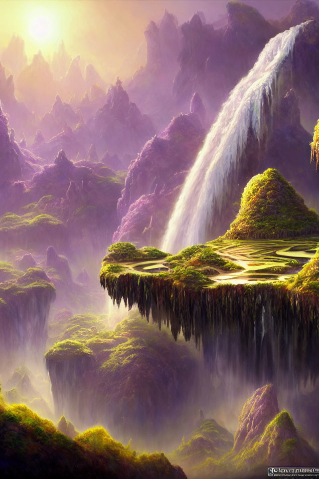 Majestic waterfall in serene fantasy landscape