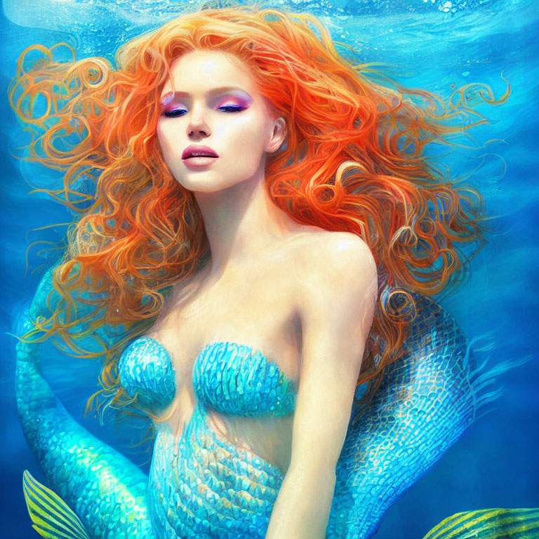 Redhead Mermaid with Blue Tail and Flowing Hair Underwater