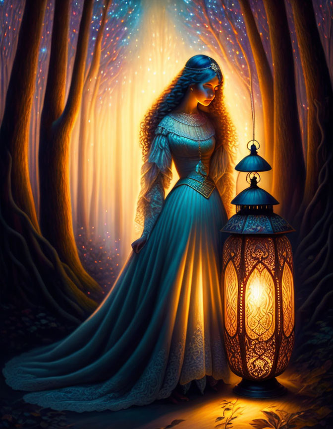 Woman in Blue Medieval Dress with Glowing Lantern in Mystical Forest