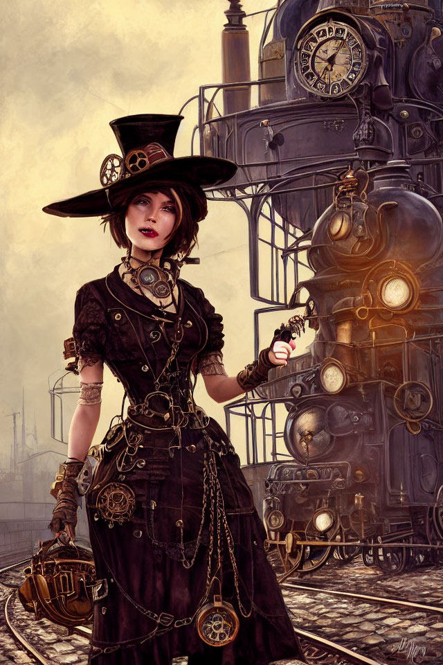 Elaborately dressed woman in steampunk attire with top hat and goggles holding a device