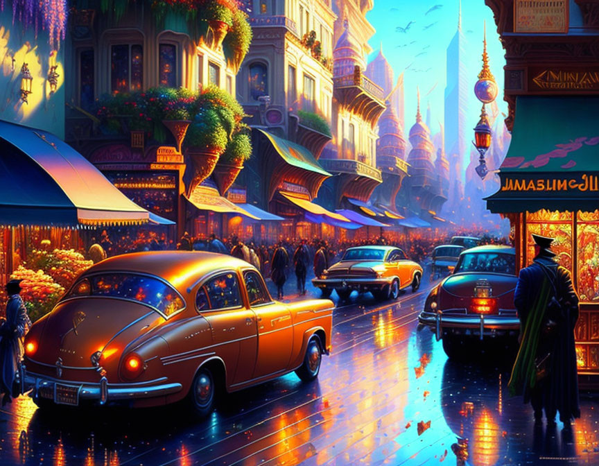 Classic Cars Drive Through Neon-Lit City Street