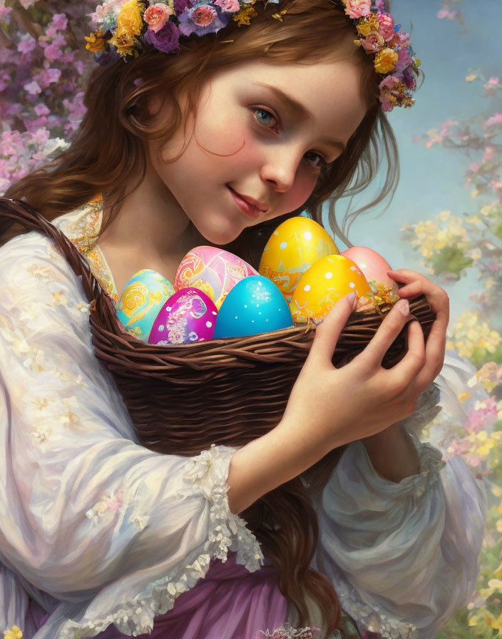 Girl with flower crown holding Easter eggs in flower backdrop