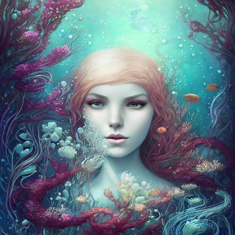 Mystical female figure with red hair in underwater scene