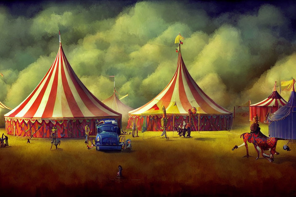 Vibrant circus tents at dusk with performers, audience, and vintage car.