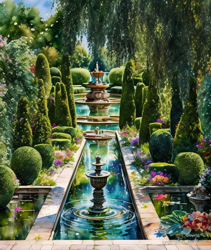 Lush Garden with Fountain, Topiaries, Flowers, and Water Feature