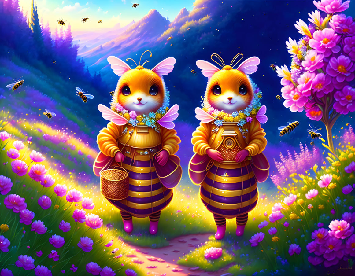 Orange-furred bee-like creatures in magical forest with pink flowers