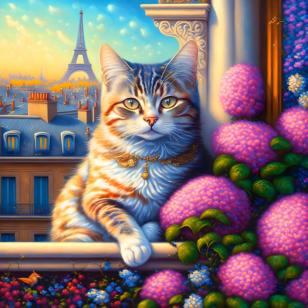 Regal tabby cat with gold necklace on balcony overlooking Paris.