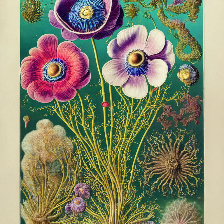 Detailed Botanical Illustration of Colorful Anemone Flowers and Intricate Root Systems