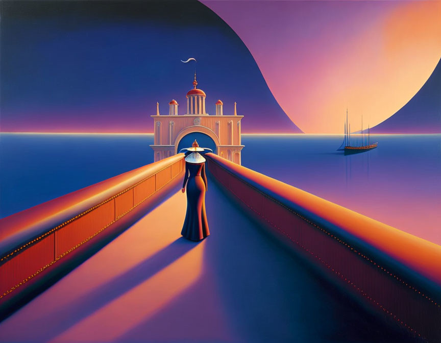 Surreal painting: Woman walking to ornate building on pier