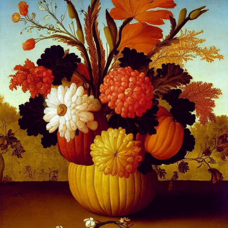 Vibrant bouquet of flowers in ornate vase with autumnal tones