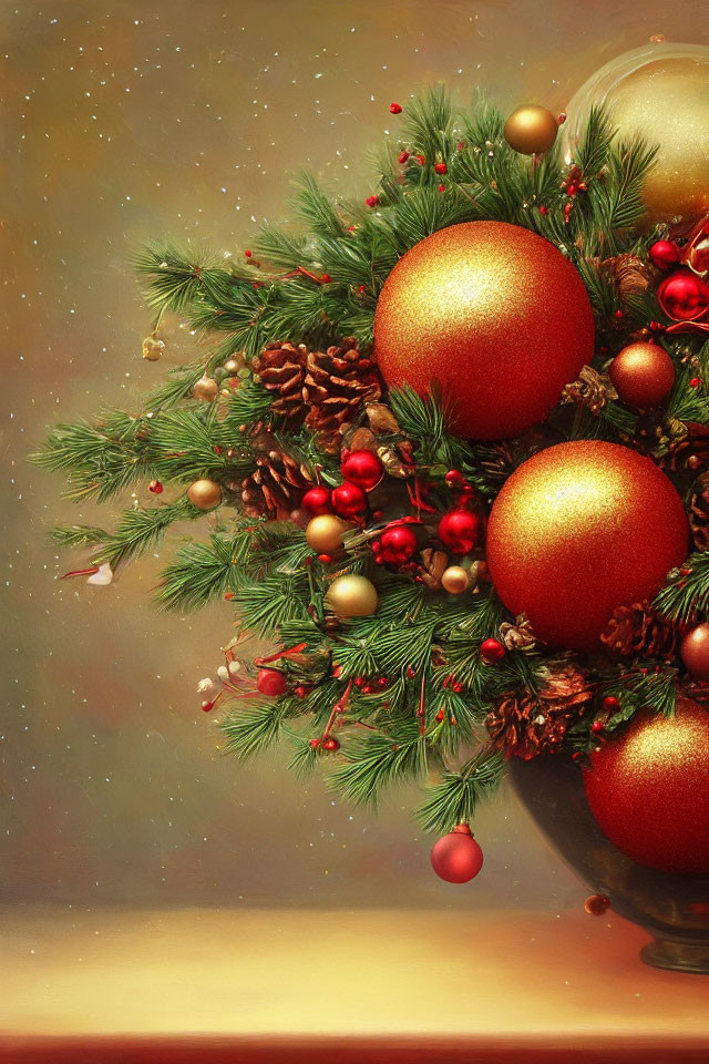 Festive Christmas arrangement with gold and red ornaments, pine cones, and green fir branches on warm