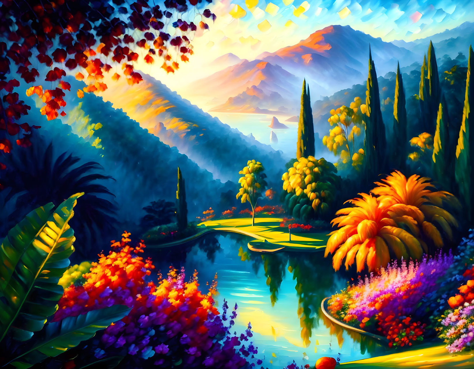 Colorful sunset over lush hills, blooming flowers, tranquil lake