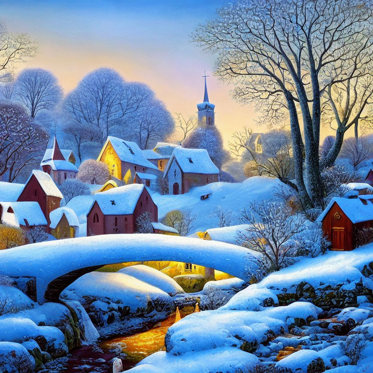 Snow-covered village with stone bridge, windmill, and twilight sky