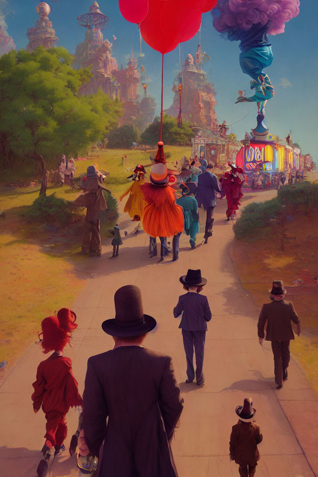 Whimsically dressed individuals in colorful procession towards fantastical city under blue sky