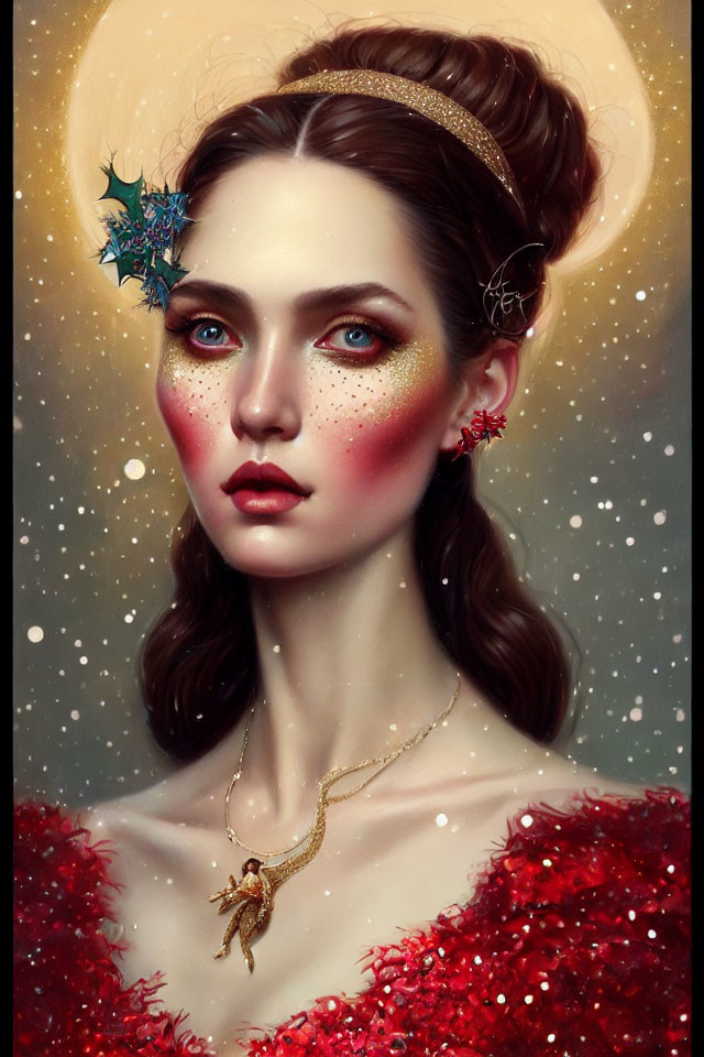 Woman portrait with halo effect, vibrant makeup, red attire, gold jewelry, whimsical ear decorations