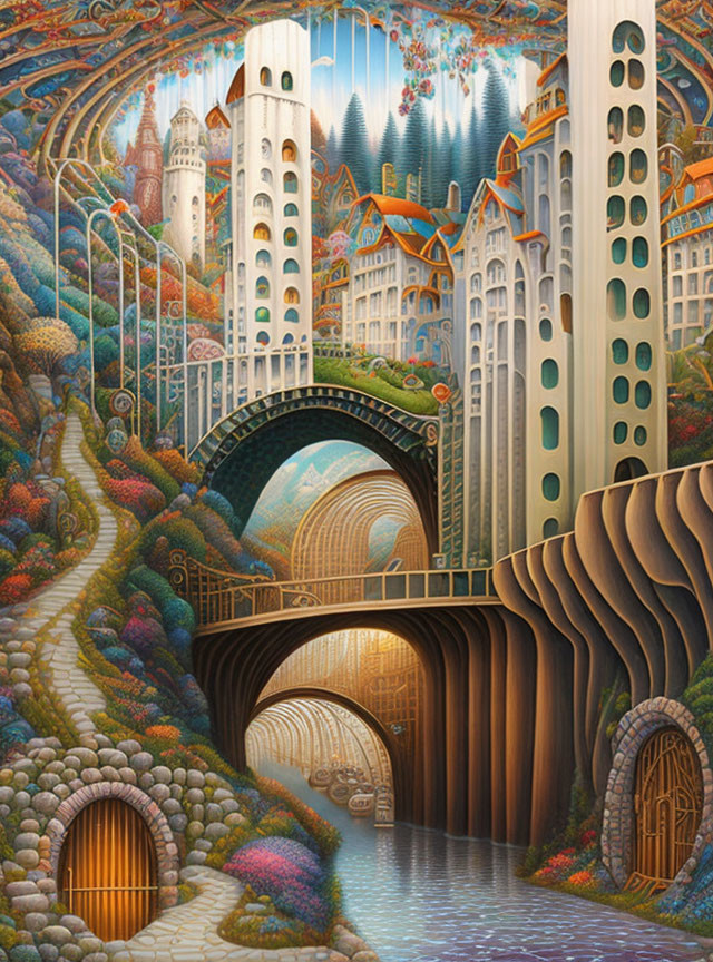 Whimsical cityscape with towers, arches, and lush vegetation