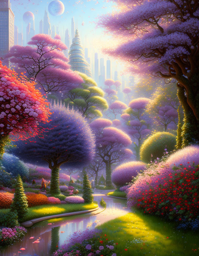 Colorful blossoming trees by tranquil river in fantasy landscape