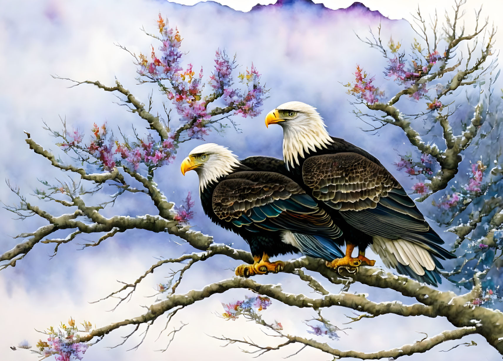 Bald eagles on branch with flowers against cloudy sky