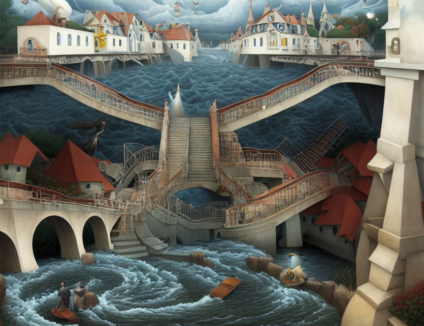 Surreal artwork: Town split by river flowing upwards, boats navigating stairs under overcast sky