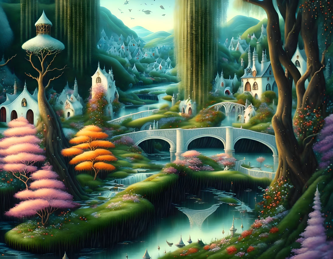 Colorful fantasy landscape with cottages, stone bridge, river, and flying creatures