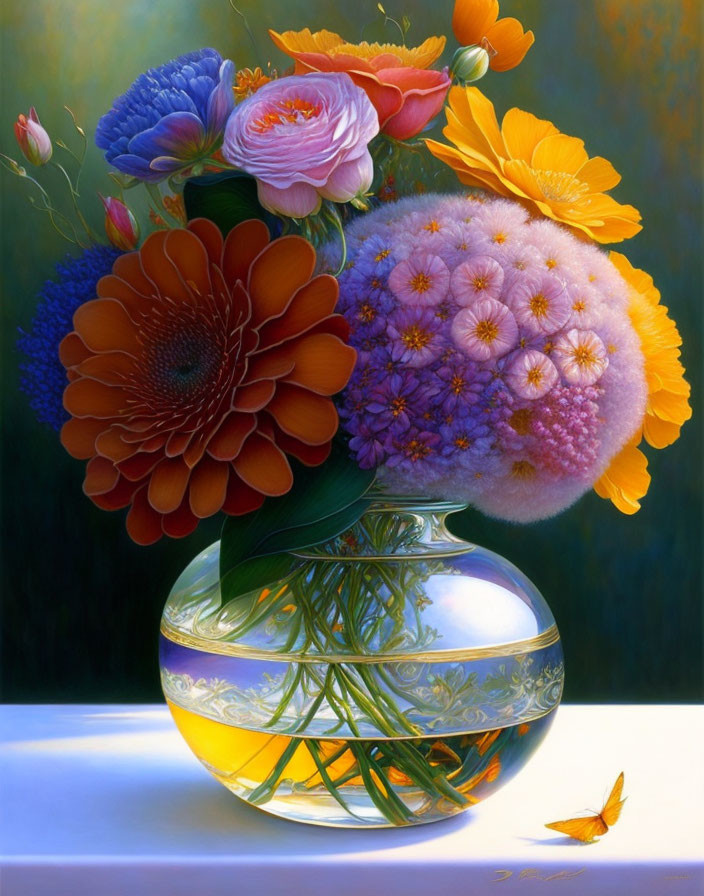 Vibrant flower bouquet in round vase with butterfly on surface