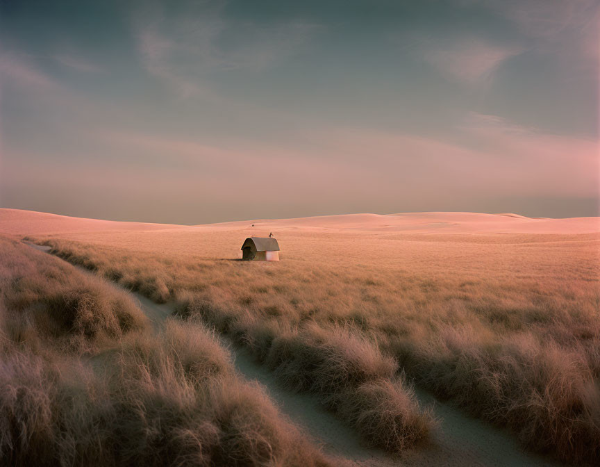 Tranquil desert scene with sand dunes, grass, structures, and cloudy sky