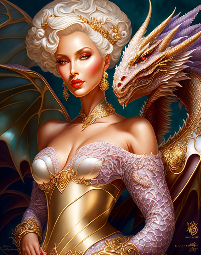 White-haired woman in gold and purple dress with majestic purple dragon.