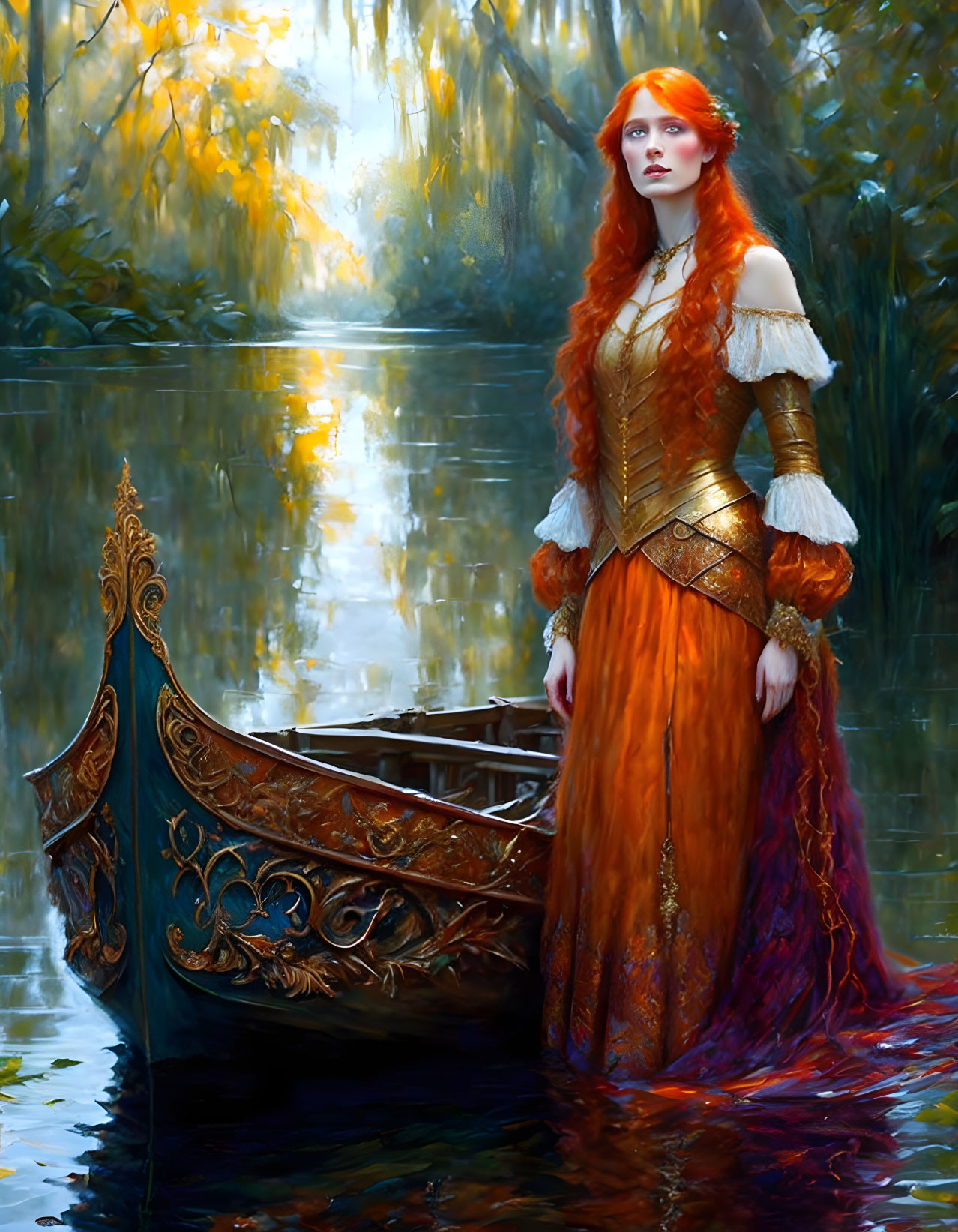 Red-haired woman in ornate dress by boat on serene waterway