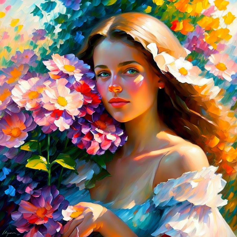 Colorful Impressionistic Painting of Woman with White Flower in Hair