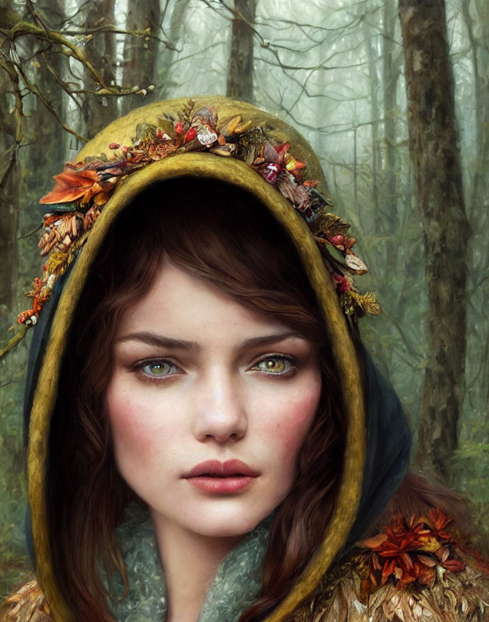 Digital artwork: Young woman with decorative hood, autumn leaves and flowers, in misty forest.