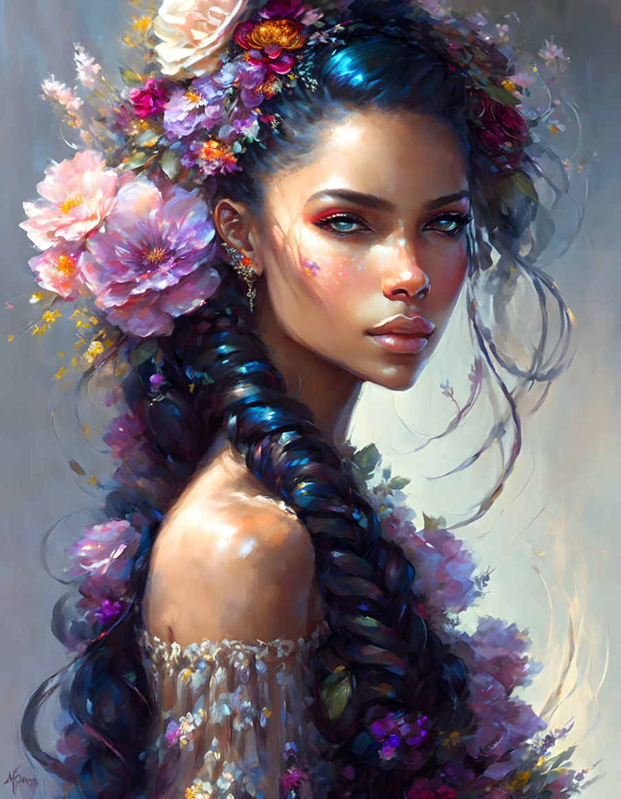 Woman with braided hair and flowers in digital painting