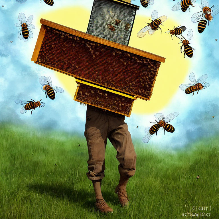 Surreal illustration: person with beehives torso, surrounded by flying bees in grassy field