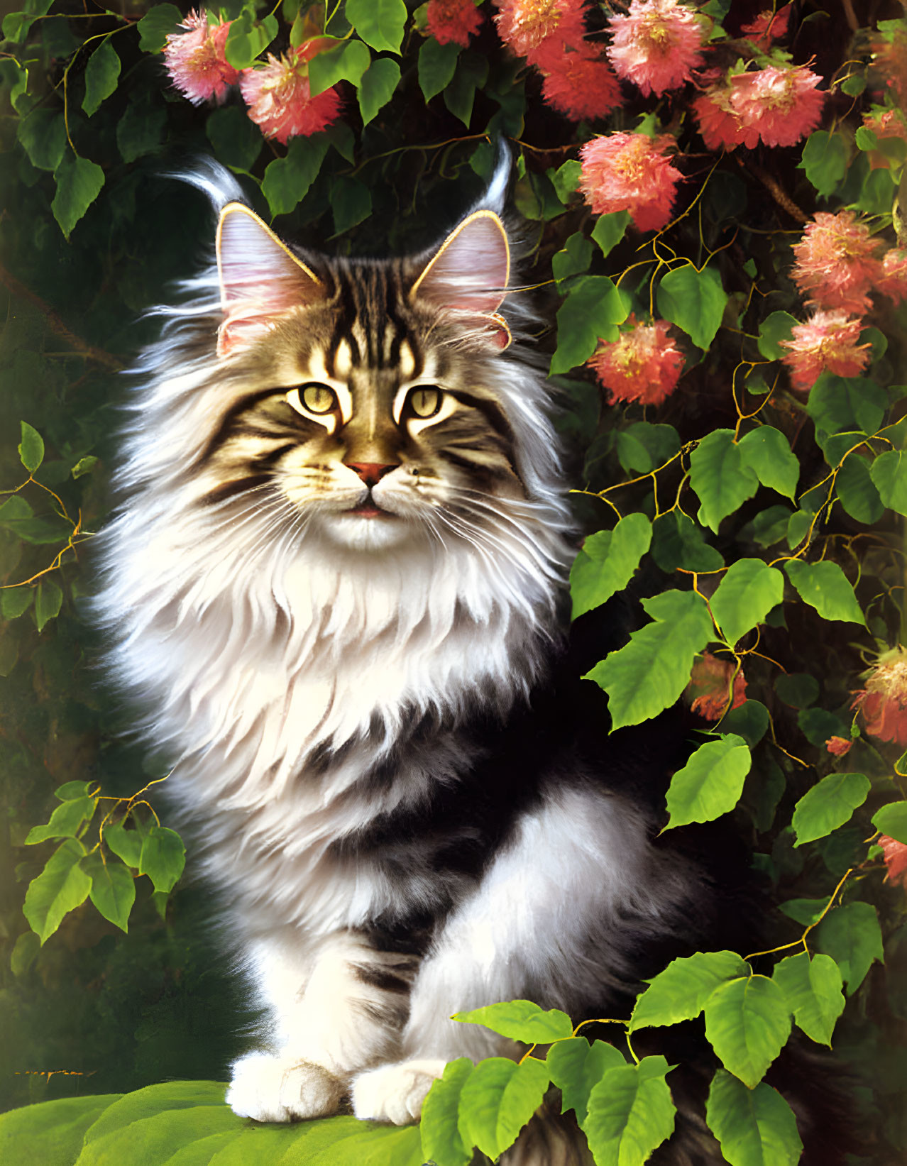 Majestic long-haired cat with striking markings in lush green foliage