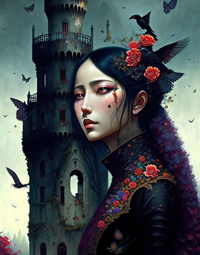 Dark-haired woman with red flowers, raven, castle, and butterflies portrait.