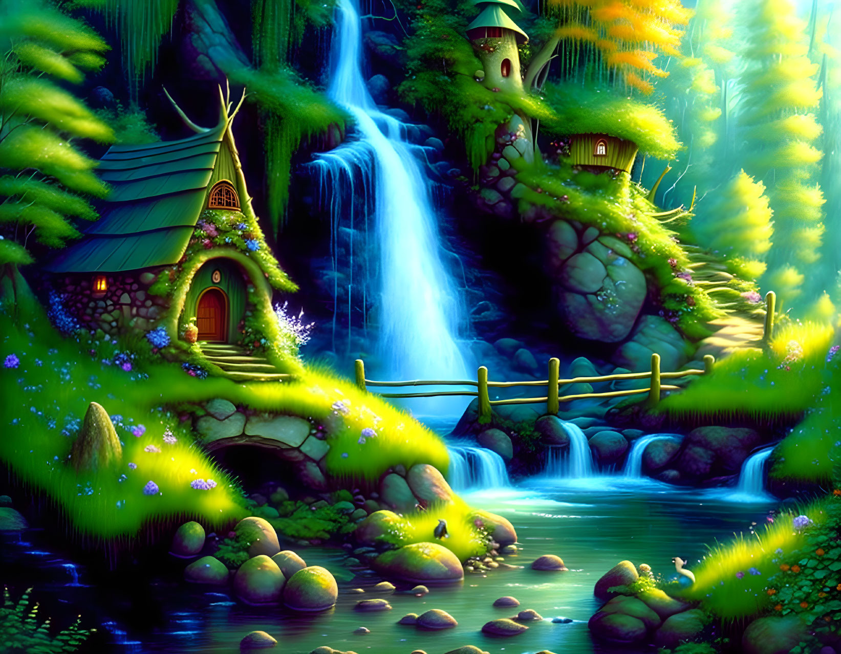 Tranquil fantasy landscape with houses, waterfall, river, and bridge