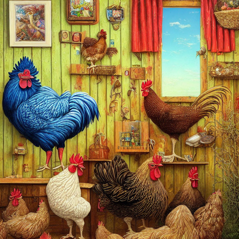 Vibrant chickens in rustic room with decor, knick-knacks, window, and chicken