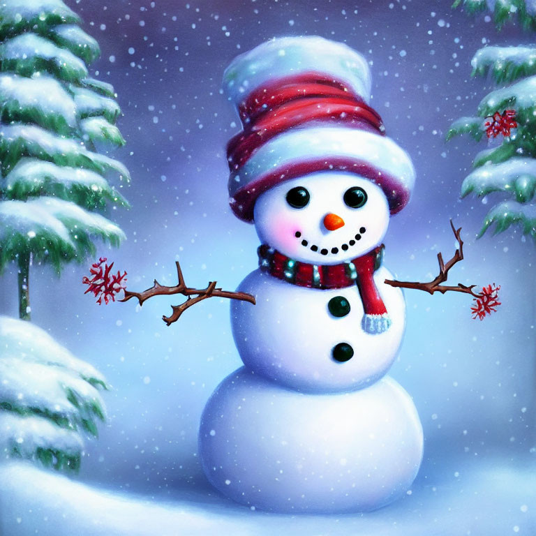 Snowman in Striped Hat and Scarf Surrounded by Falling Snowflakes and Snow-Cover