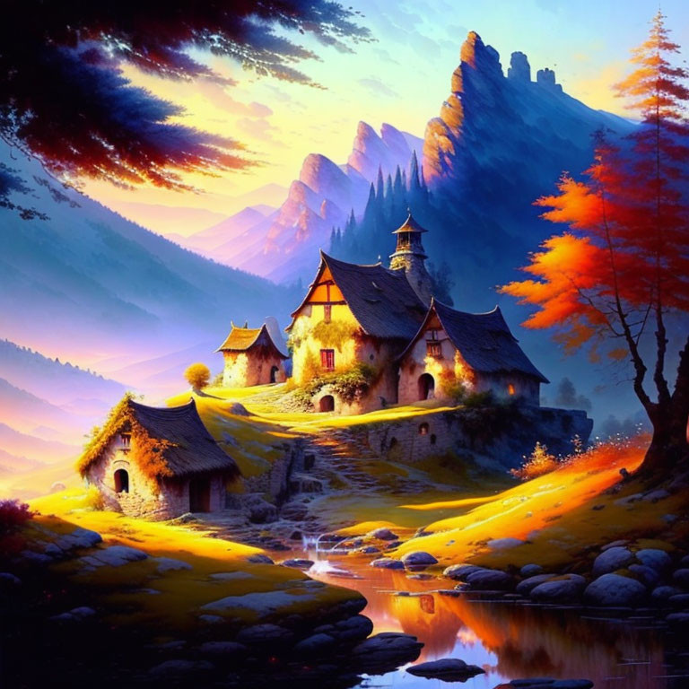 Vibrant sunset over mountains, castle, autumn trees, and tranquil river