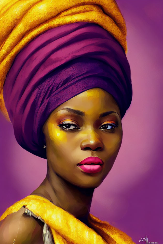 Regal woman portrait in purple headwrap and yellow garment