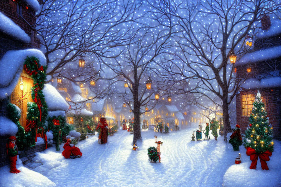 Snowy Night Street Scene: Festive Christmas Decor, Lampposts, Trees, People,