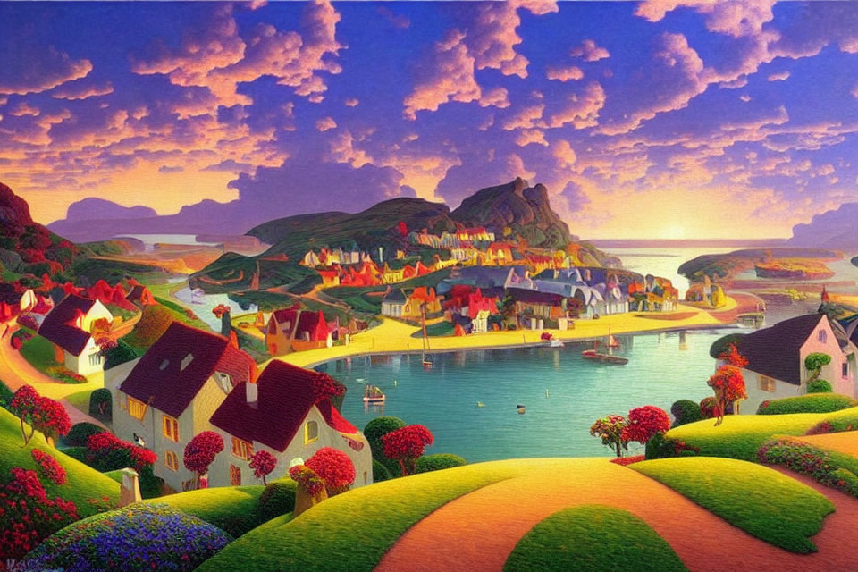 Colorful seaside village painting with rolling hills and vibrant sunset sky